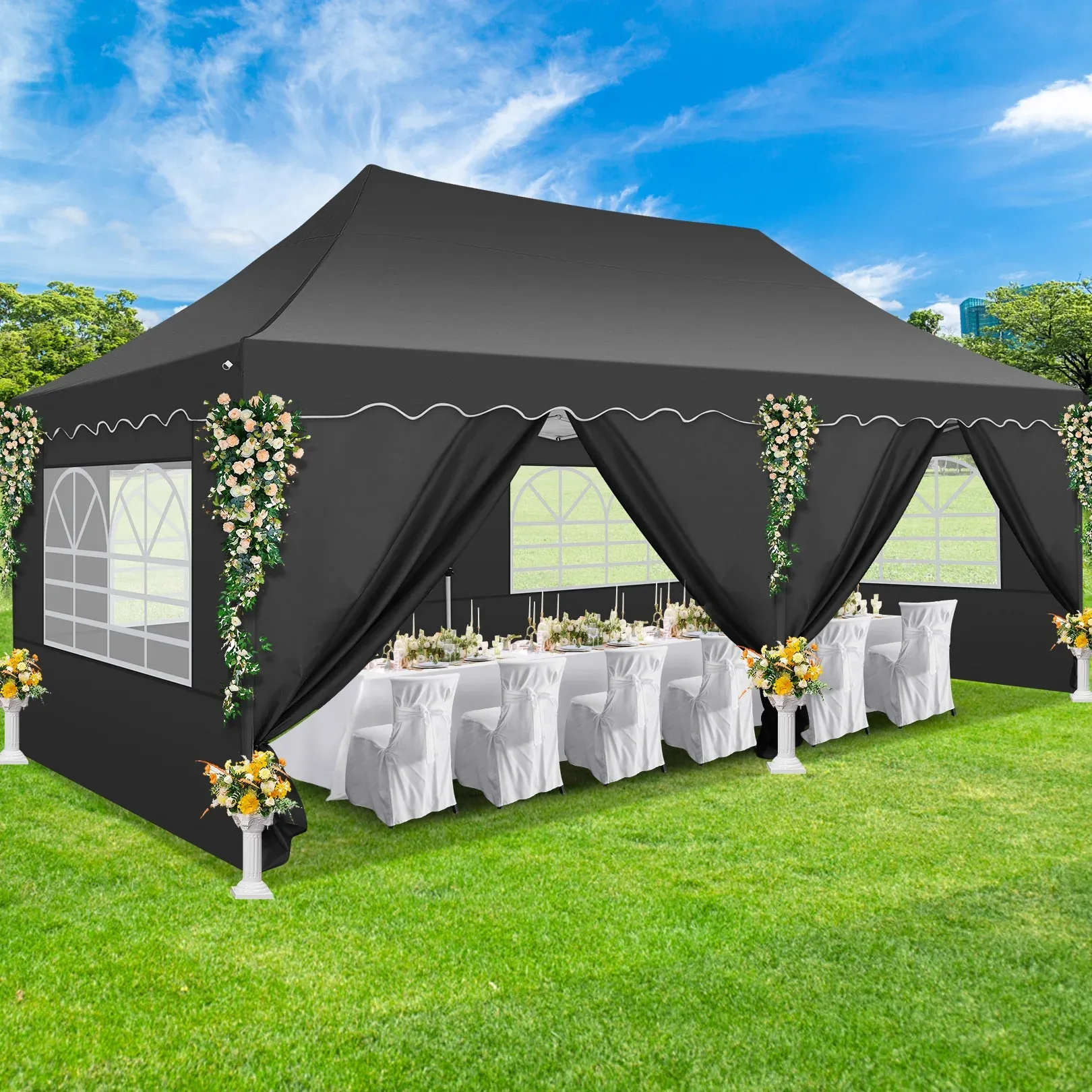 SANOPY 10' x 20' Pop up Canopy Party Tent with 6 Removable Sidewalls, Wave Eave Outdoor Waterproof Patio Gazebo Tent with Carry Bag, Backyards Camping Picnics, Black