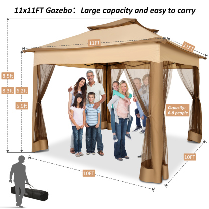 SANOPY 11'x 11' Pop up Gazebo with 4 Mosquito Netting, Outdoor Canopy Tent with Double Roof Tops and 121 Square ft of Shade for Patio, Garden, Camping Shelter, Khaki