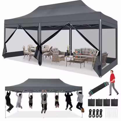 HOTEEL 10x15 Heavy Duty Canopy Tent, Pop up Gazebo with Netting Screened ,Waterproof Ez up Canopy with Sidewalls, Outdoor Instant Party Tent for Backyard, Khaki