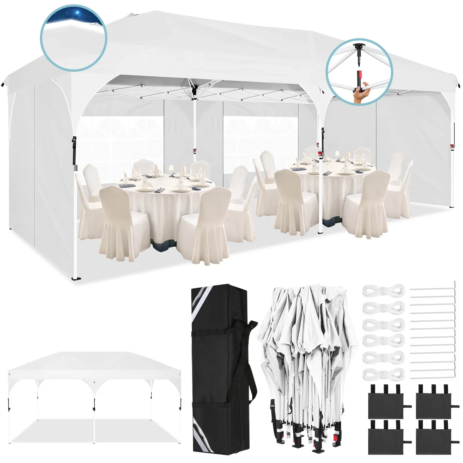 SANOPY 10'x10' Canopy Tent for Party Tent with One Push Central Button&Air Vent Instant Pop Up Canopy Tent with Sidewalls&Sandbags Ez Up Pop up Party Canopy Tent with  Carry Bag, White