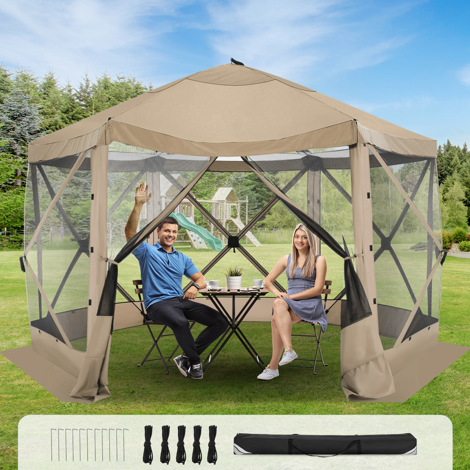 SANOPY 12'x12' Gazebo Outdoor Pop up Gazebo Screen Tent with 6 Sides Mosquito Netting Camping Gazebo Instant Shelter Glamping Tent with Carry bag, Ground Spike, Gray