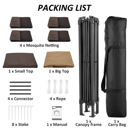 SANOPY 11'x 11' Pop up Gazebo with 4 Mosquito Netting, Outdoor Canopy Tent with Double Roof Tops and 121 Square ft of Shade for Patio, Garden, Camping Shelter, Dark Brown