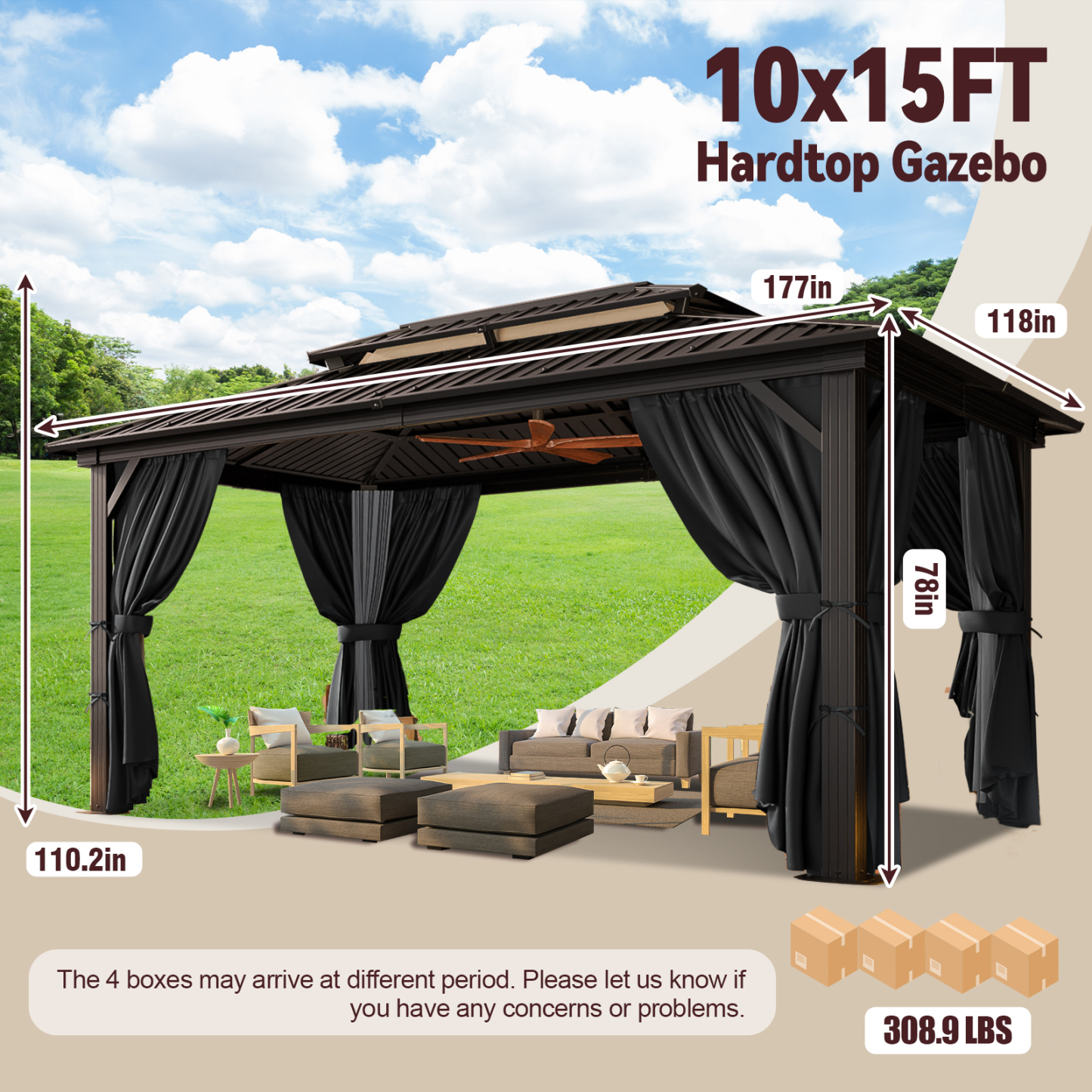 SANOPY 10x15 Hardtop Gazebo Aluminum Gazebos with Galvanized Steel Double Roof Metal Gazebo with Curtains and Netting Permanent Hardtop Gazebos Steel Gazebo for Backyard, Garden and Patio, Black