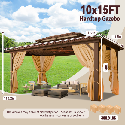 SANOPY 10x15 Hardtop Gazebo Aluminum Gazebos with Galvanized Steel Double Roof Metal Gazebo with Curtains and Netting Permanent Hardtop Gazebos Steel Gazebo for Backyard, Garden and Patio, Brown