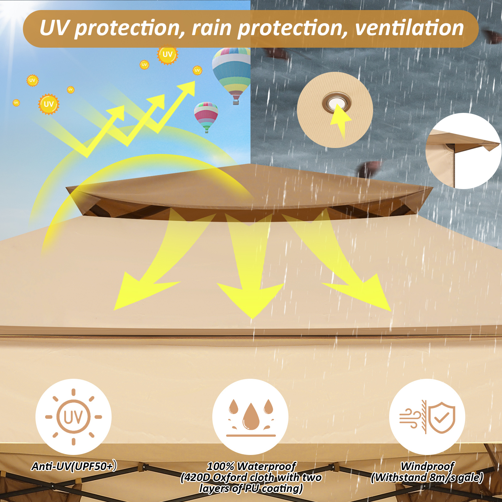 SANOPY 11'x 11' Pop up Gazebo with 4 Mosquito Netting, Outdoor Canopy Tent with Double Roof Tops and 121 Square ft of Shade for Patio, Garden, Camping Shelter, Khaki