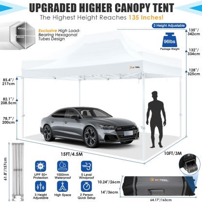 SANOPY 10' x 15' Heavy Duty Pop up Canopy, Instant Commercial Tent for Party with White Upgraded Hexagonal Bracket, Portable Gazebo with 4 Sangbags, Roller Bag, White
