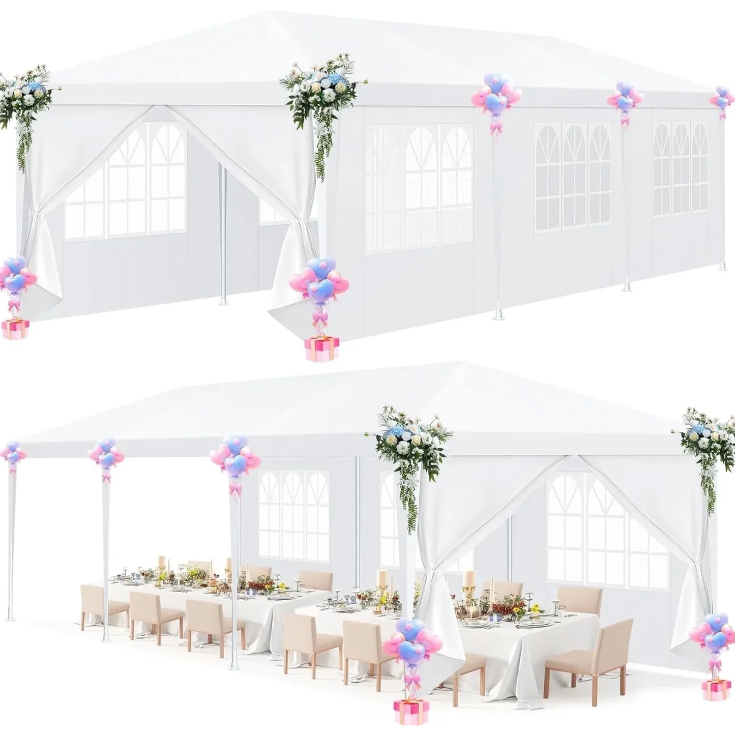 SANOPY Party Tent 10x30 Canopy with 8 Removable Sidewalls, Outdoor Waterproof Shade Canopy Tent for Weddings and Events, White