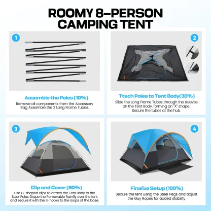 SANOPY 8-10 Person Instant Camping Tent with Removable Rainfly, Auto Setup Pop Up Tent for Family Outdoor /Hiking/Traveling with Carry Bag, Light Blue