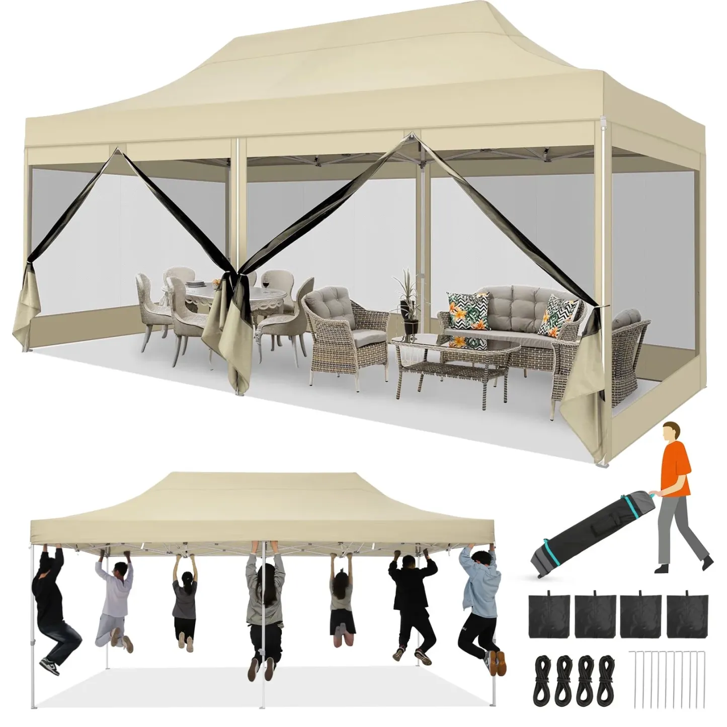 HOTEEL 10x15 Heavy Duty Canopy Tent, Pop up Gazebo with Netting Screened ,Waterproof Ez up Canopy with Sidewalls, Outdoor Instant Party Tent for Backyard, Khaki