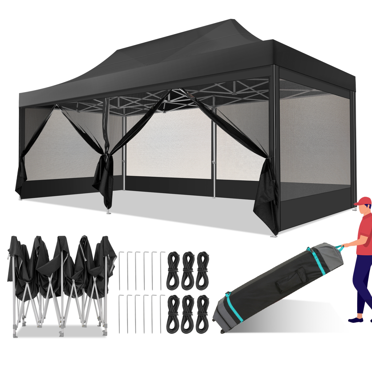 HOTEEL 10x15 Heavy Duty Canopy Tent, Pop up Gazebo with Netting Screened ,Waterproof Ez up Canopy with Sidewalls, Outdoor Instant Party Tent for Backyard, Khaki