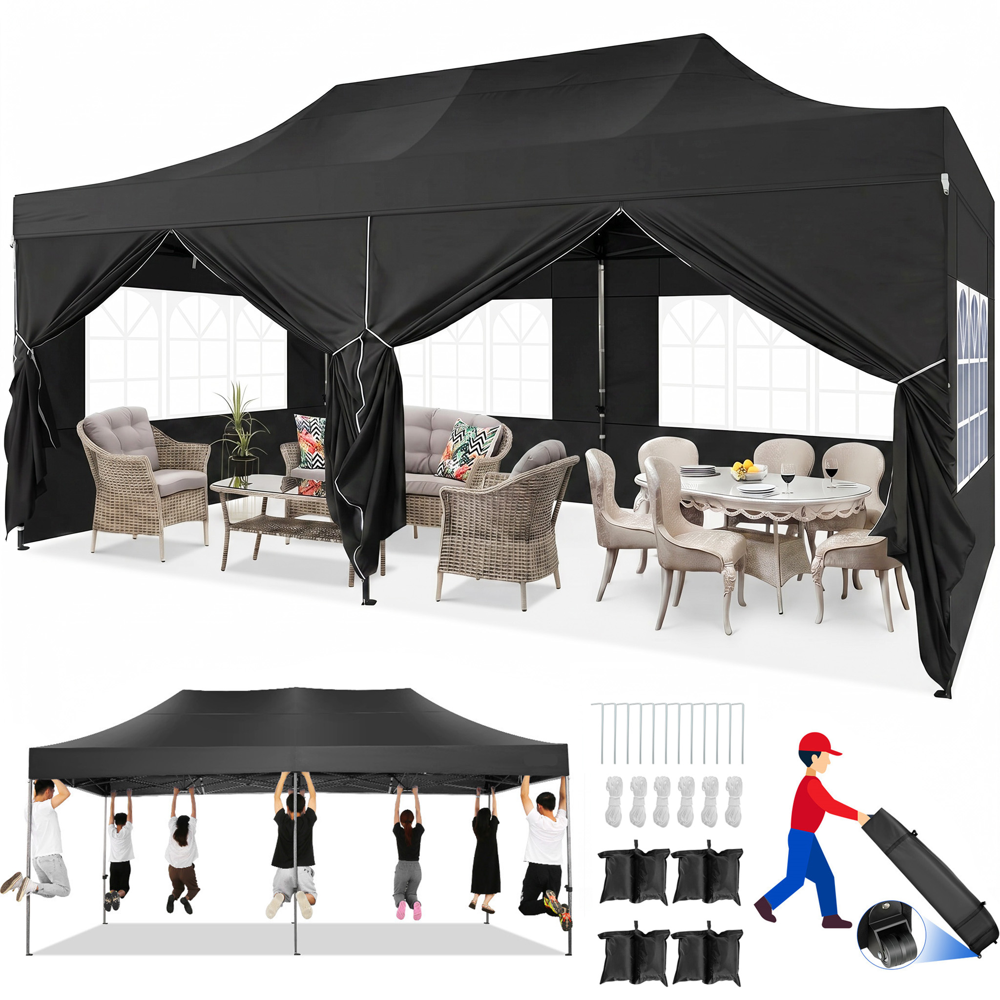 HOTEEL 10x15 Pop up Canopy Tent Heavy Duty with 4 Sidewalls, Thicken Frame Commercial Outdoor Tents for Parties All Season Wind & Easy Up Gazebo with Portable Bag
