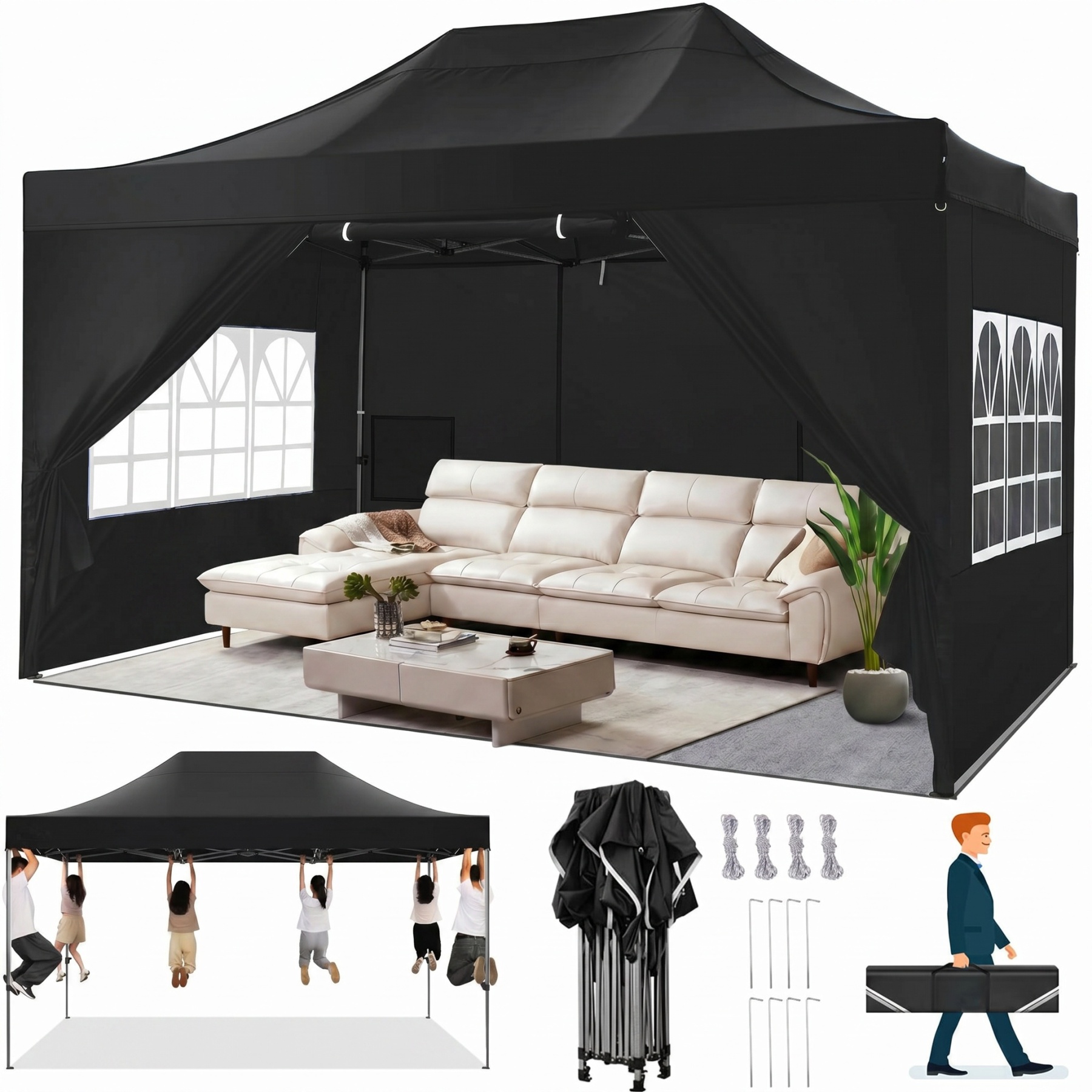HOTEEL 10x15 Pop up Canopy Tent Heavy Duty with 4 Sidewalls, Thicken Frame Commercial Outdoor Tents for Parties All Season Wind & Easy Up Gazebo with Portable Bag