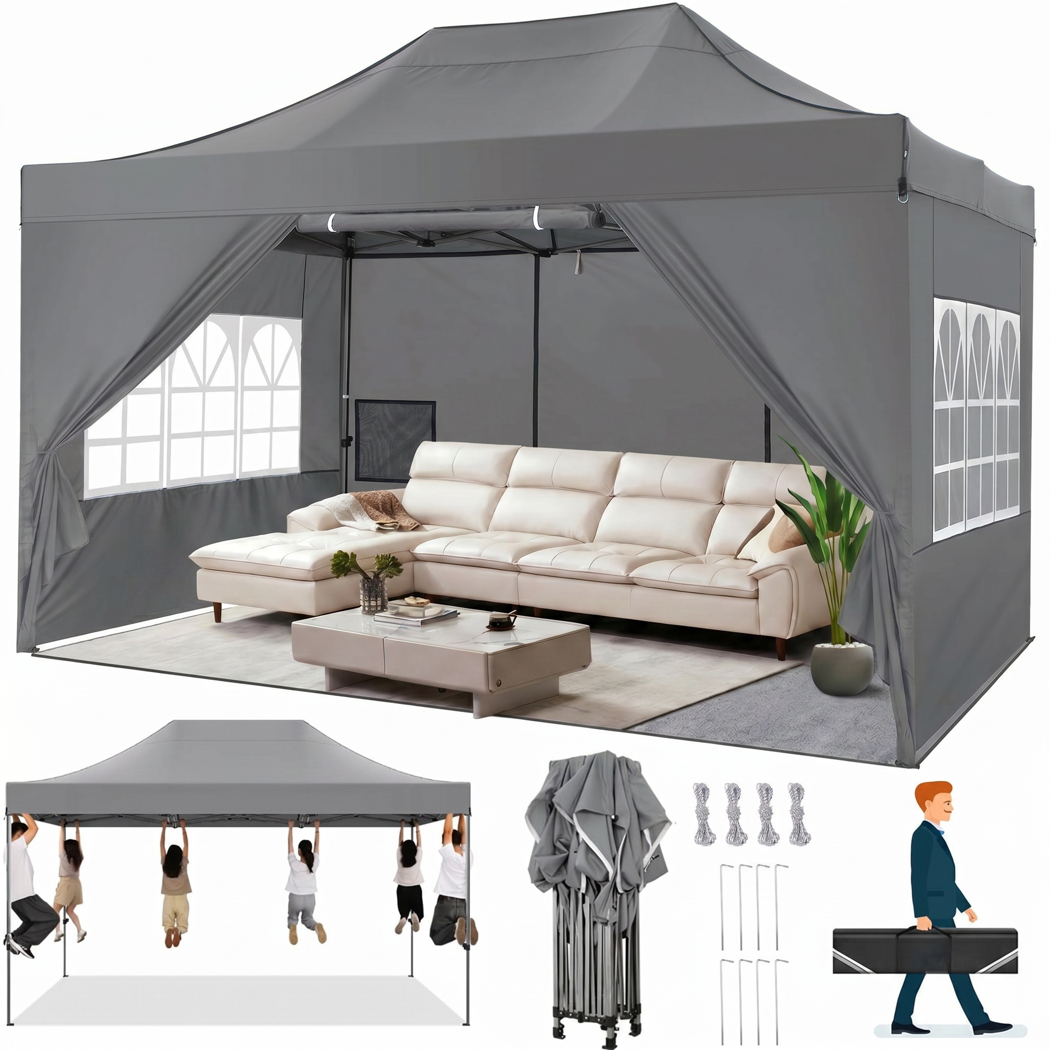 HOTEEL 10x15 Pop up Canopy Tent Heavy Duty with 4 Sidewalls, Thicken Frame Commercial Outdoor Tents for Parties All Season Wind & Easy Up Gazebo with Portable Bag