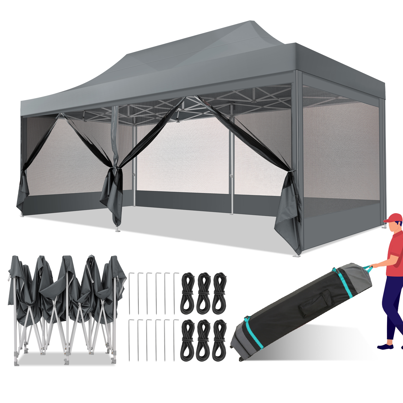 HOTEEL 10x15 Heavy Duty Canopy Tent, Pop up Gazebo with Netting Screened ,Waterproof Ez up Canopy with Sidewalls, Outdoor Instant Party Tent for Backyard, Khaki