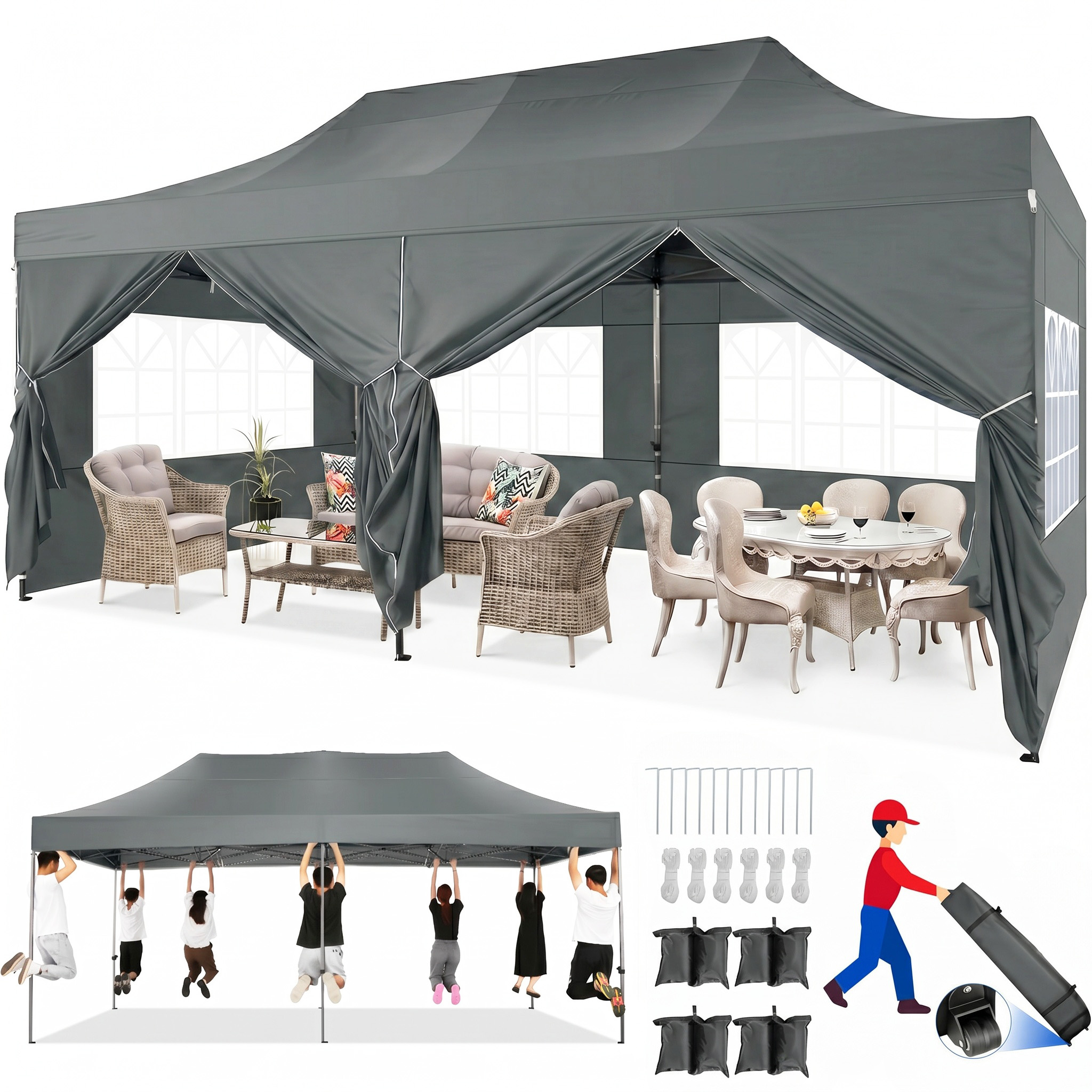 HOTEEL 10x15 Pop up Canopy Tent Heavy Duty with 4 Sidewalls, Thicken Frame Commercial Outdoor Tents for Parties All Season Wind & Easy Up Gazebo with Portable Bag