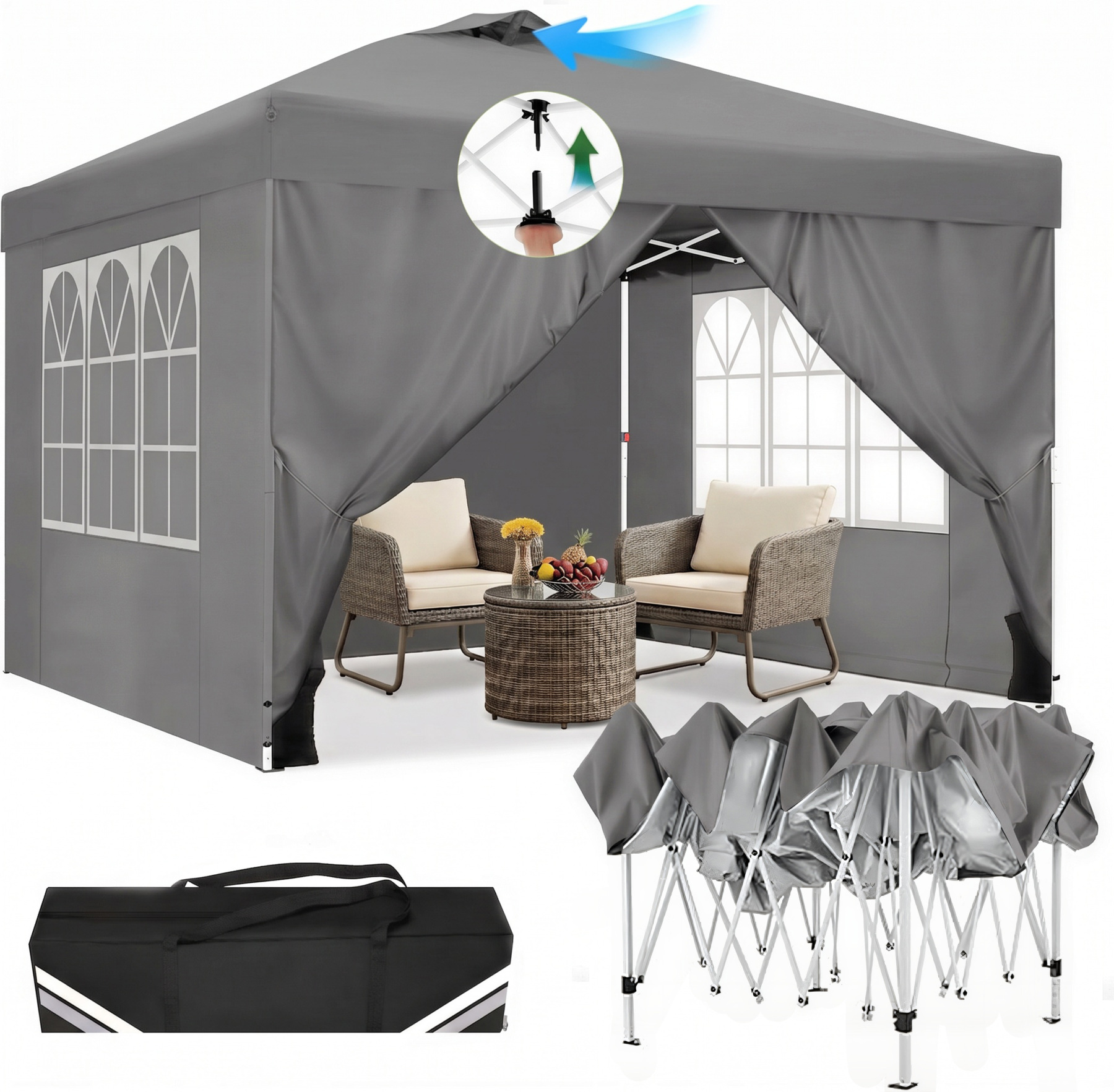 HOTEEL Canopy 10x10 Waterproof Pop up Canopy Tent with 4 Sidewalls Outdoor Event Shelter Tent for Parties Sun Shade Party Commercial Canopy with Air Vent & One Push Central Button