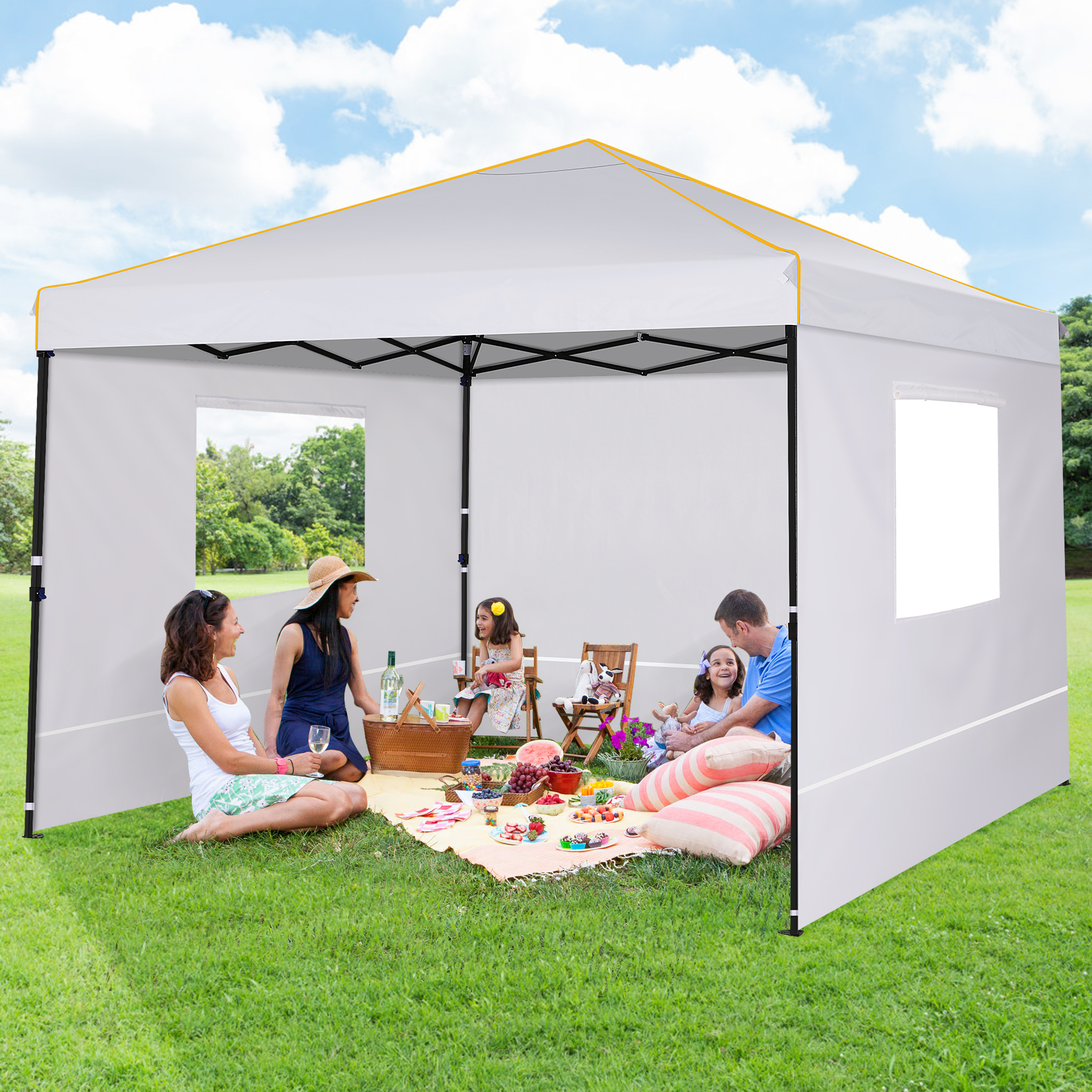 SANOPY 10' x 10' Pop up Canopy Tent with 4 Removable Sidewalls, Outdoor Patio Gazebo Tent with Handbag for Camping, Silver White