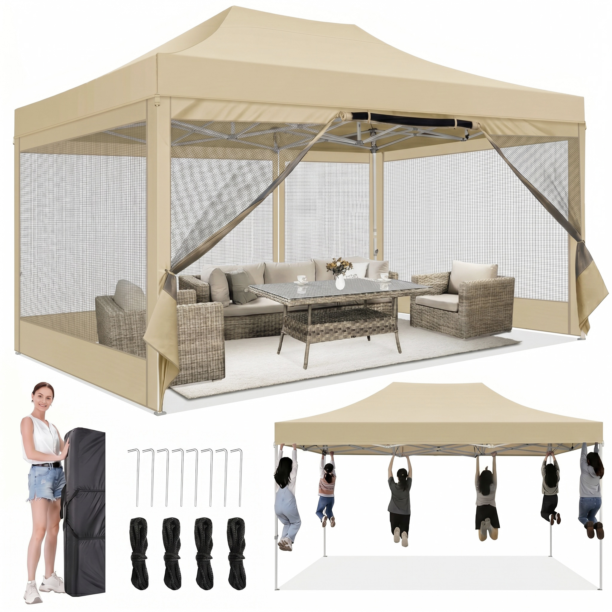 HOTEEL 10x15 Heavy Duty Canopy Tent, Pop up Gazebo with Netting Screened ,Waterproof Ez up Canopy with Sidewalls, Outdoor Instant Party Tent for Backyard, Khaki