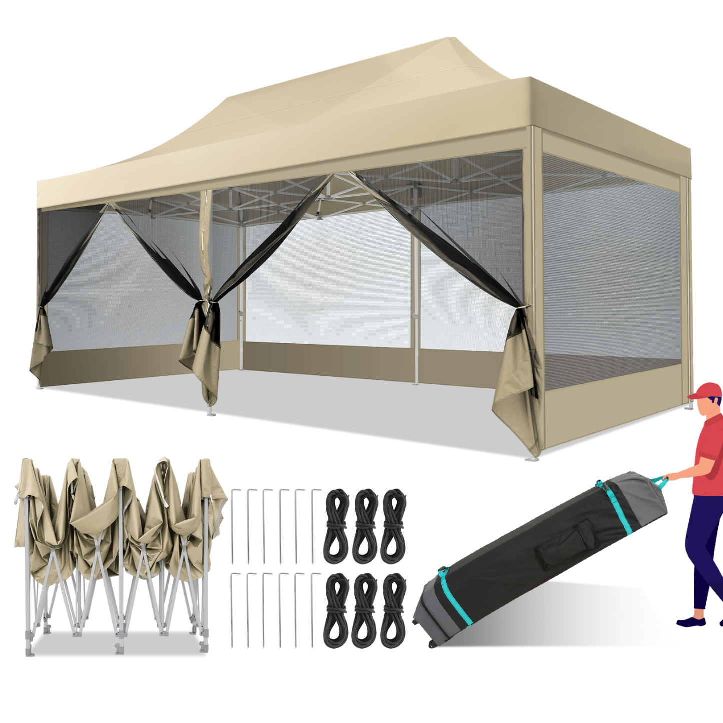 HOTEEL 10x15 Heavy Duty Canopy Tent, Pop up Gazebo with Netting Screened ,Waterproof Ez up Canopy with Sidewalls, Outdoor Instant Party Tent for Backyard, Khaki