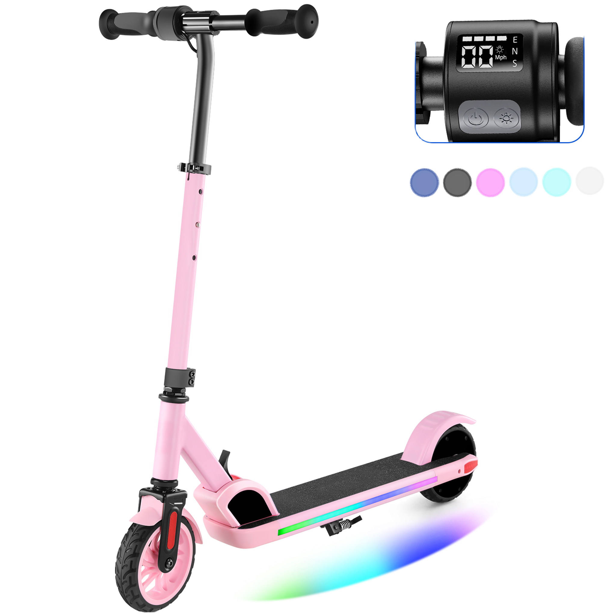 SANOPY Electric Scooter for Kids Ages 6-14, Adjustable Speed & Height, Colorful Lights, LED Display, 150W Motor, up to 10 mph, 80 Mins Ride Time, Pink