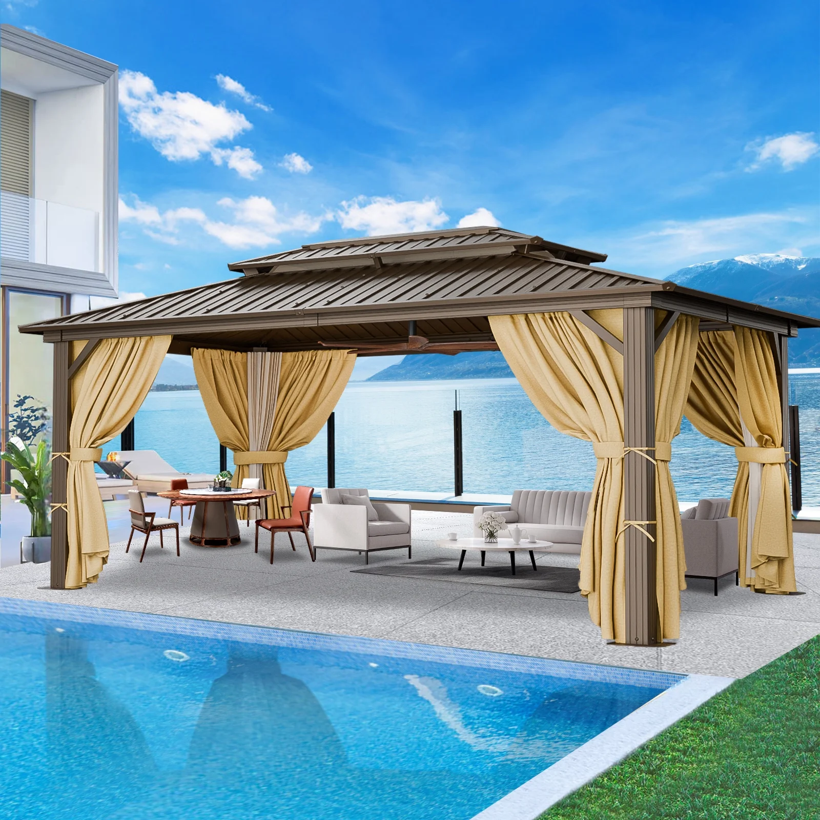 SANOPY 10x15ft Hardtop Gazebo Outdoor with Netting and Curtains Patio Gazebo Canopy Tent for Shade and Rain Double Roof Aluminum Permanent Gazebo Canopy for Garden, Backyard