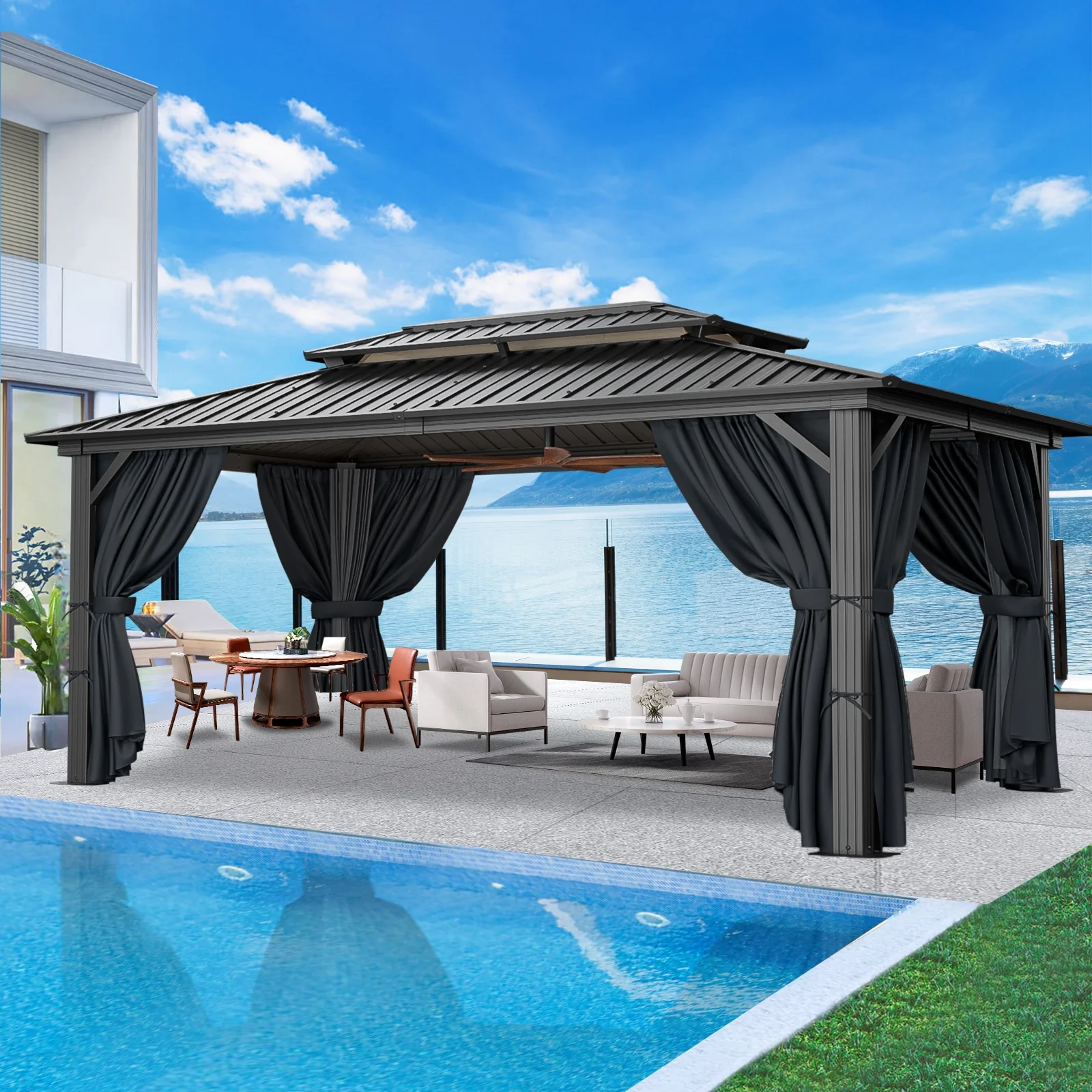 SANOPY 10x15ft Hardtop Gazebo Outdoor with Netting and Curtains Patio Gazebo Canopy Tent for Shade and Rain Double Roof Aluminum Permanent Gazebo Canopy for Garden, Backyard