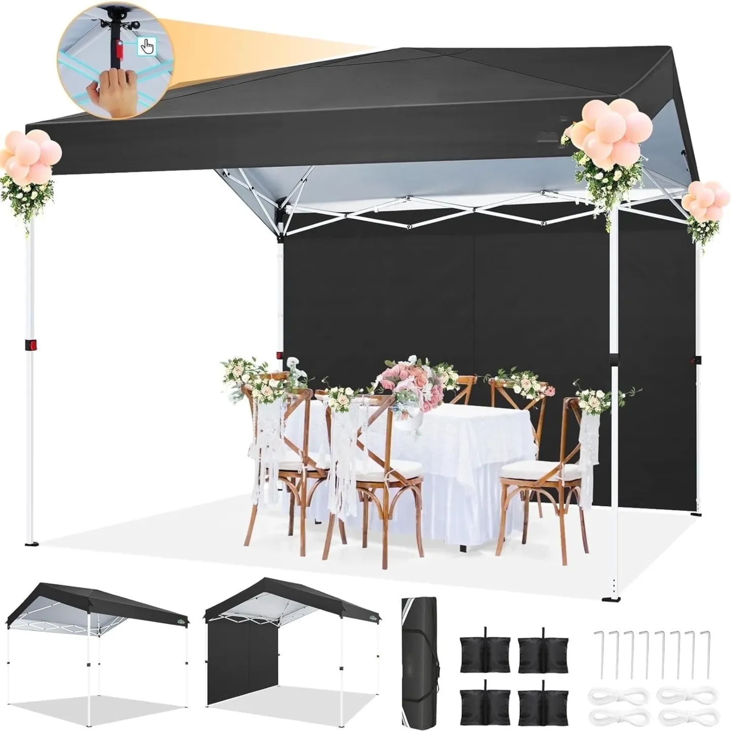 SANOPY 10' x 10' Easy Pop up Canopy Tent Outdoor Shade Shelter with 1 Sidewall for Commercial stalls and Out activities, Black