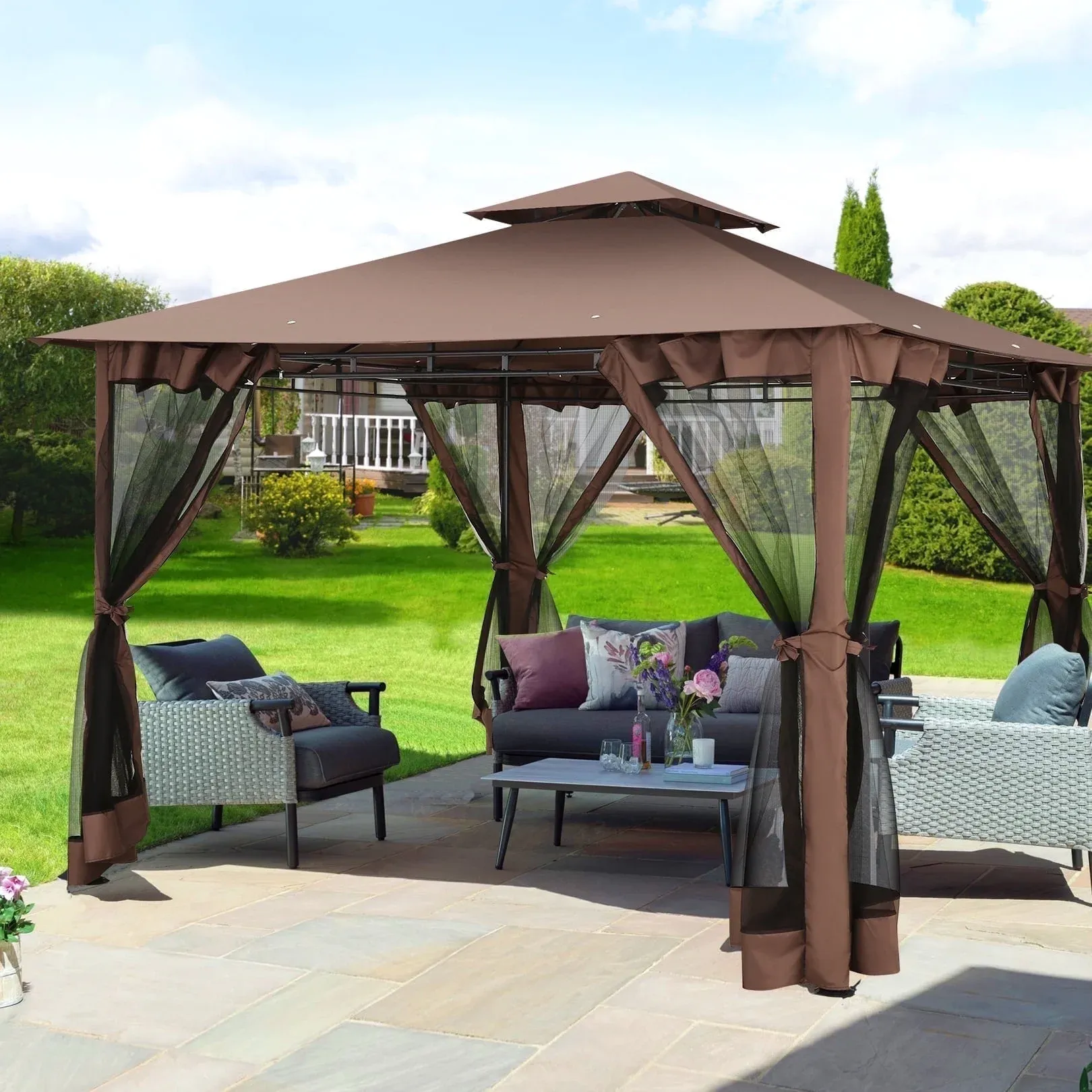 SANOPY 10' x 10' Gazebos for Patios, Gazebo Canopy with 4 Mosquito Netting, Rainproof & Sunscreen Shelter Tent with Double Eaves for Garden Backyard and Deck
