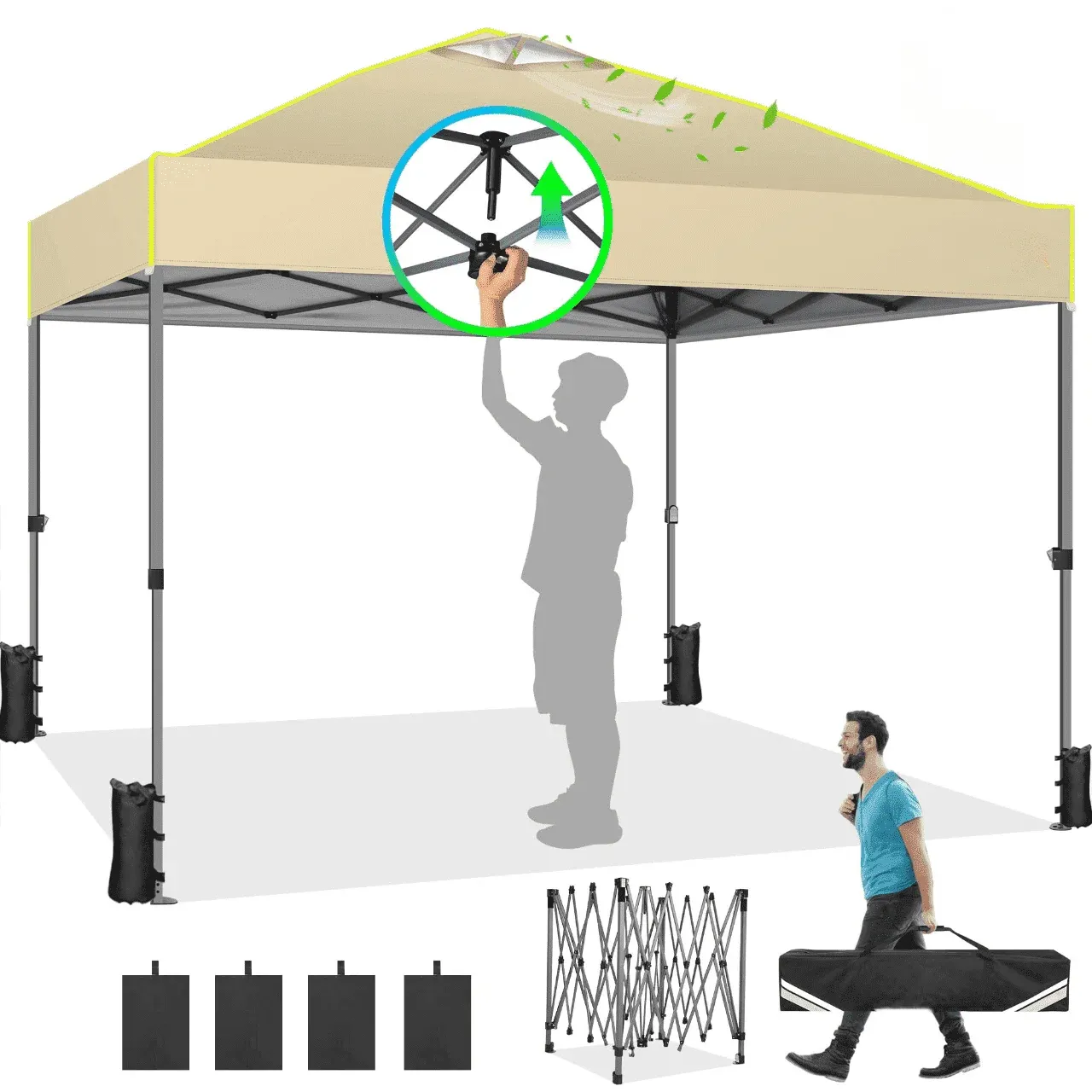 SANOPY 10' x 10' Outdoor Canopy Party Tent EZ Pop Up Canopy Commercial Instant Canopies Gazebo with Air Vent, 8 Stakes & 4 Ropes & 4 Sandbags for Beach Wedding Picnics Camping