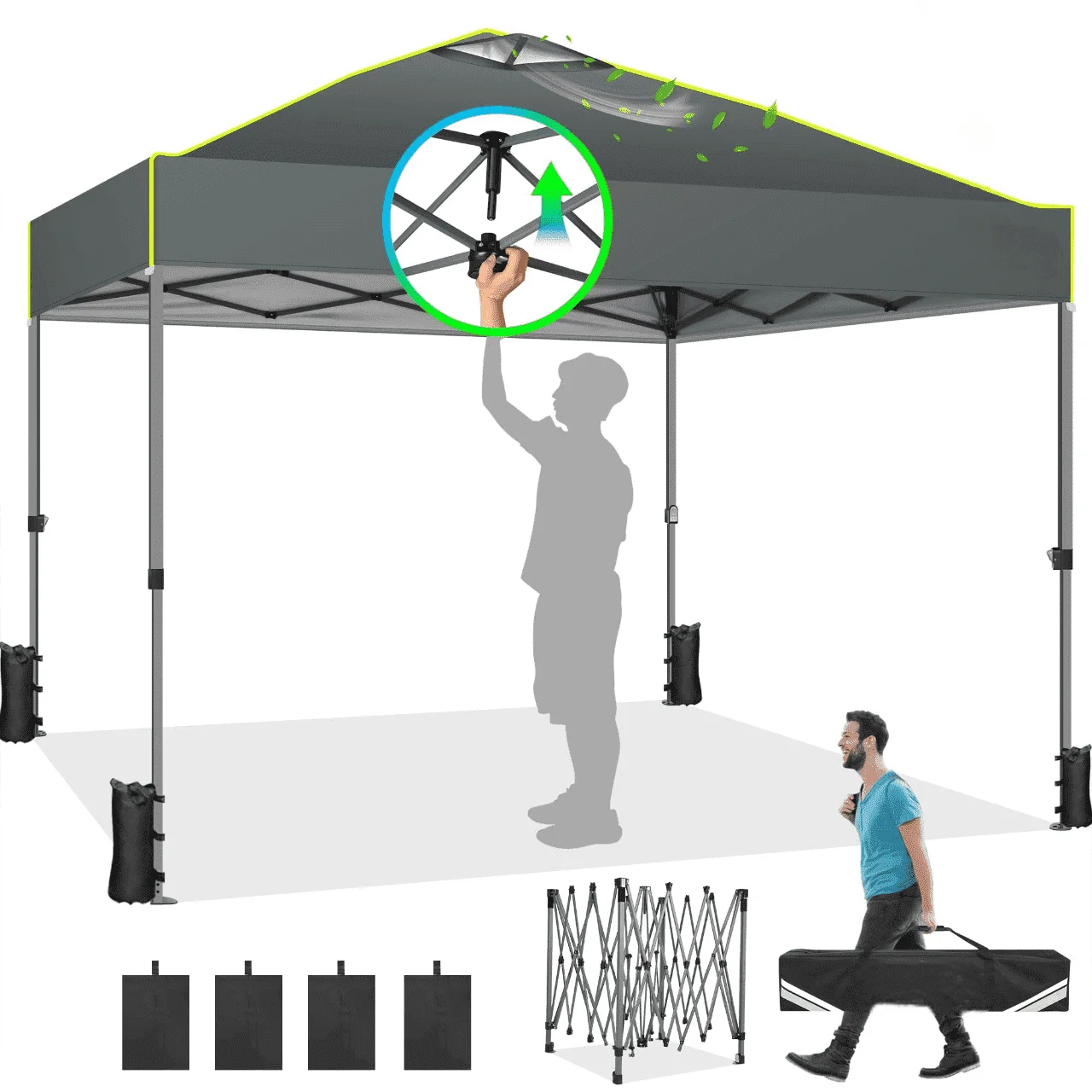 SANOPY 10' x 10' Outdoor Canopy Party Tent EZ Pop Up Canopy Commercial Instant Canopies Gazebo with Air Vent, 8 Stakes & 4 Ropes & 4 Sandbags for Beach Wedding Picnics Camping