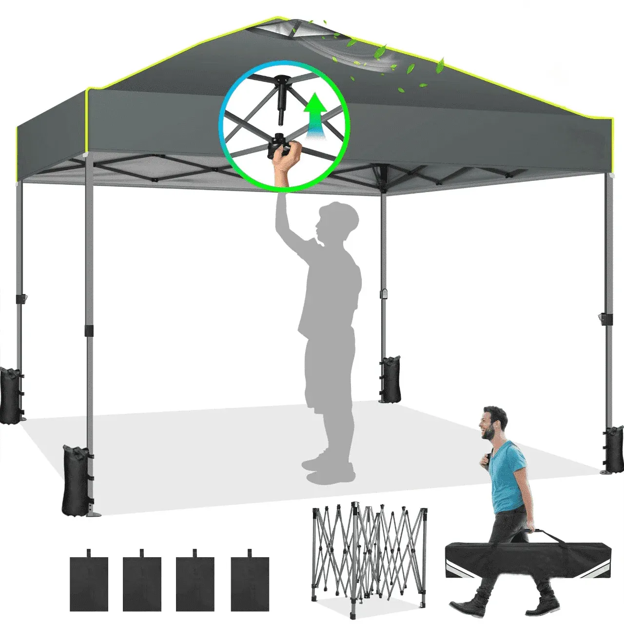 SANOPY 10' x 10' Outdoor Canopy Party Tent EZ Pop Up Canopy Commercial Instant Canopies Gazebo with Air Vent, 8 Stakes & 4 Ropes & 4 Sandbags for Beach Wedding Picnics Camping