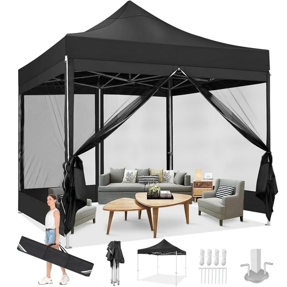SANOPY 10' x 10' Pop Up Canopy with 4 Removable Mesh Mosquito Proof Canopies, Outdoor Heavy Duty Tent, Party Instant Commercial Gazebo with 4 Wind Cords and 8 Ground Spikes, Carrying Bag