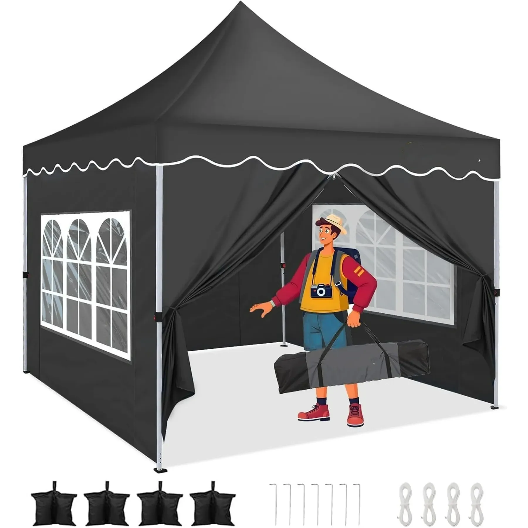 SANOPY 10' x 20' Pop up Canopy Party Tent with 6 Removable Sidewalls, Wave Eave Outdoor Waterproof Patio Gazebo Tent with Carry Bag, Backyards Camping Picnics, Black