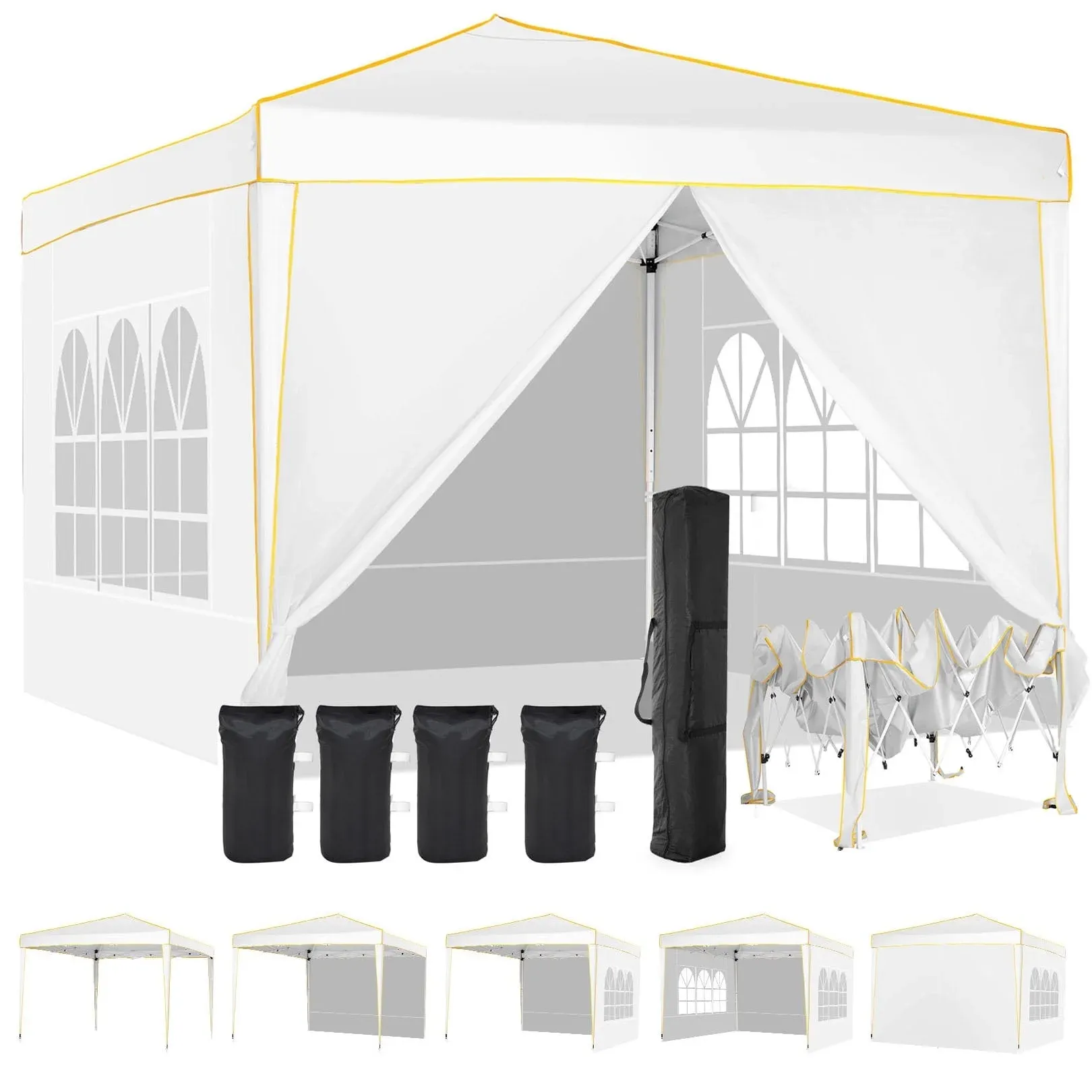 SANOPY 10' x 10' Pop up Canopy Tent with 4 Removable Sidewalls, Outdoor Patio Gazebo Tent with Handbag for Camping, Silver White