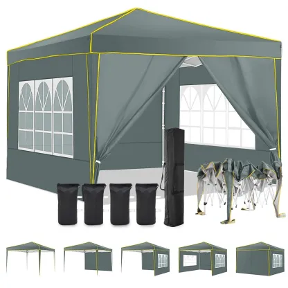 SANOPY 10' x 10' Pop up Canopy Tent with 4 Removable Sidewalls, Outdoor Patio Gazebo Tent with Handbag for Camping, Silver White