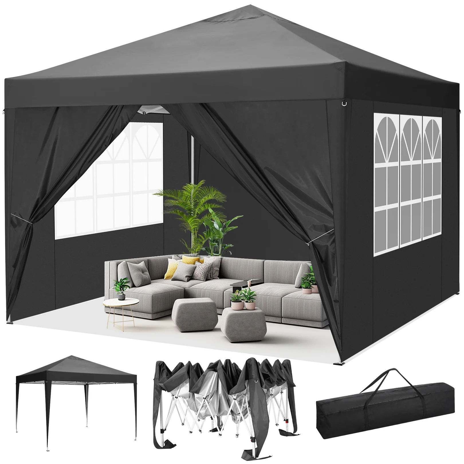SANOPY 10' x 10' Straight Leg Pop-up Canopy Tent Easy Two Person Setup Instant Outdoor Canopy Folding Shelter with 4 Removable Sidewalls, Air Vent on The Top, 4 Sandbags, Carrying Bag, Black