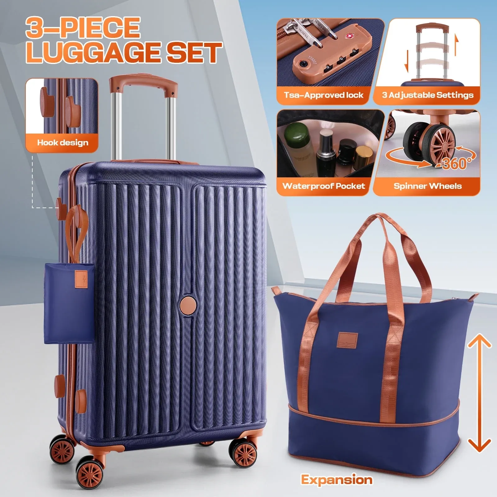 SANOPY 6-Piece Luggage Set with Cosmetic Bag & Duffle, 16” + 20” + 24” + 28” Durable ABS+PC, Smooth-Spinning Wheels & TSA Lock Included