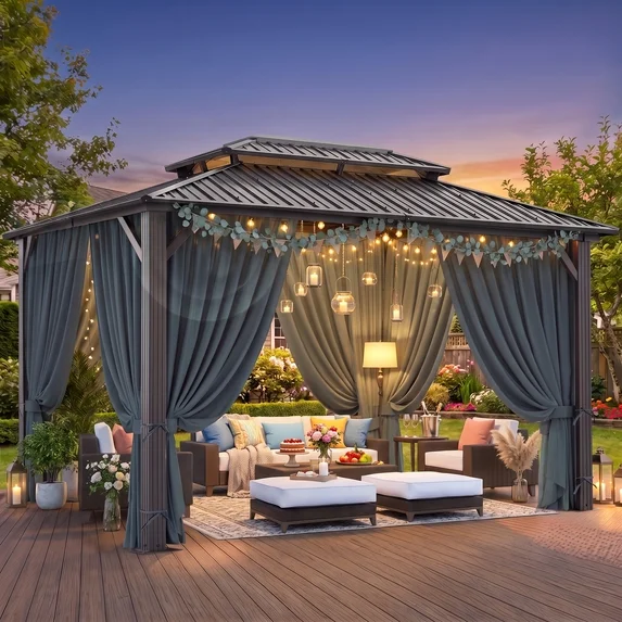 SANOPY 10x15ft Hardtop Gazebo Outdoor with Netting and Curtains Patio Gazebo Canopy Tent for Shade and Rain Double Roof Aluminum Permanent Gazebo Canopy for Garden, Backyard