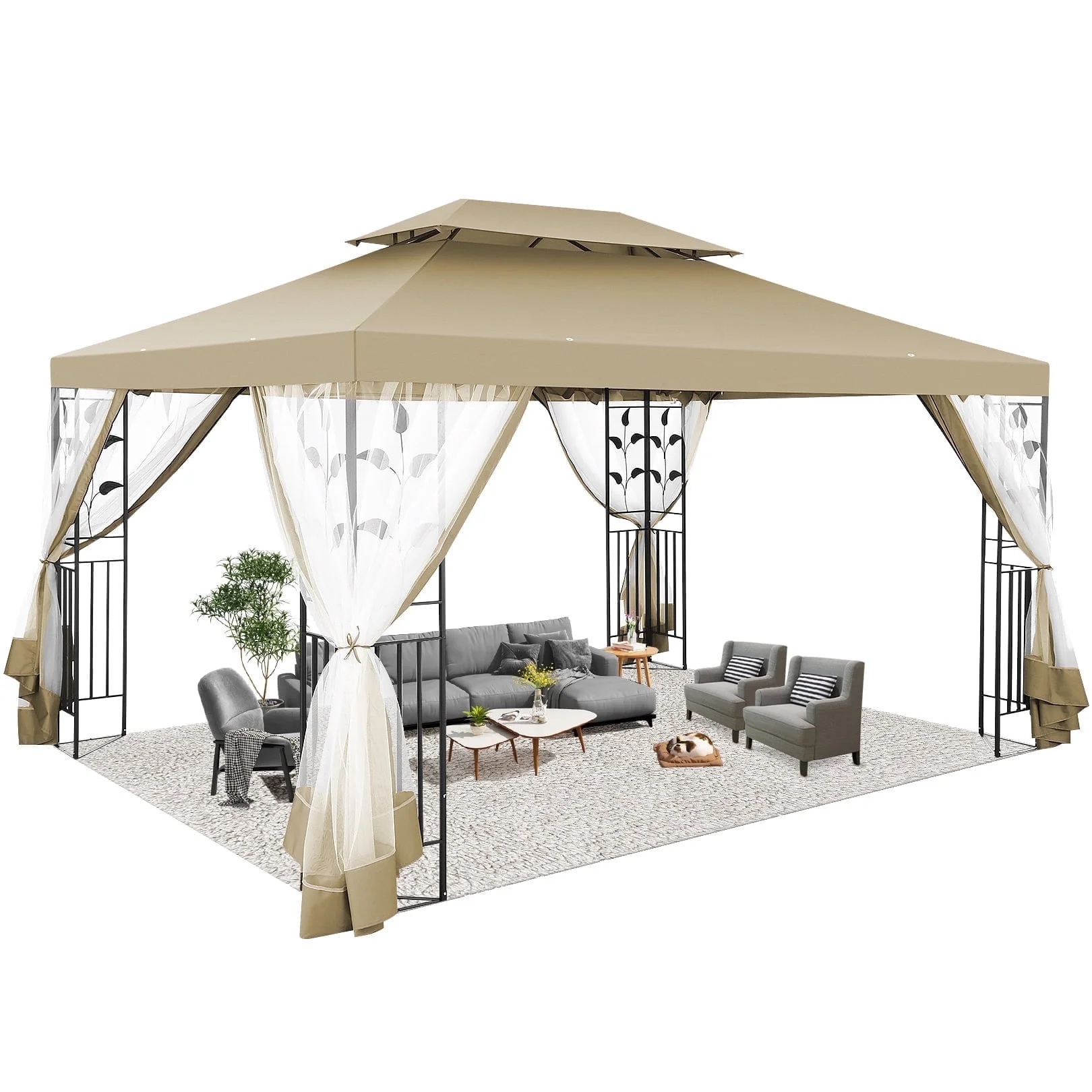 SANOPY 10' x 10' Gazebos for Patios, Gazebo Canopy with 4 Mosquito Netting, Rainproof & Sunscreen Shelter Tent with Double Eaves for Garden Backyard and Deck