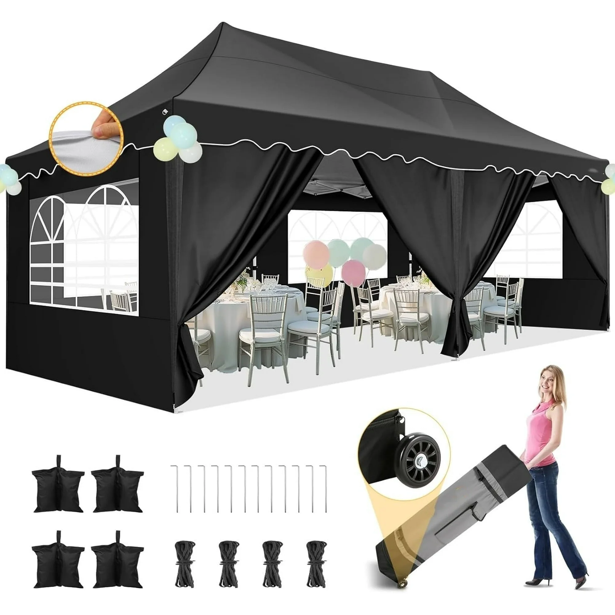 SANOPY 10' x 20' Pop up Canopy Party Tent with 6 Removable Sidewalls, Wave Eave Outdoor Waterproof Patio Gazebo Tent with Carry Bag, Backyards Camping Picnics, Black