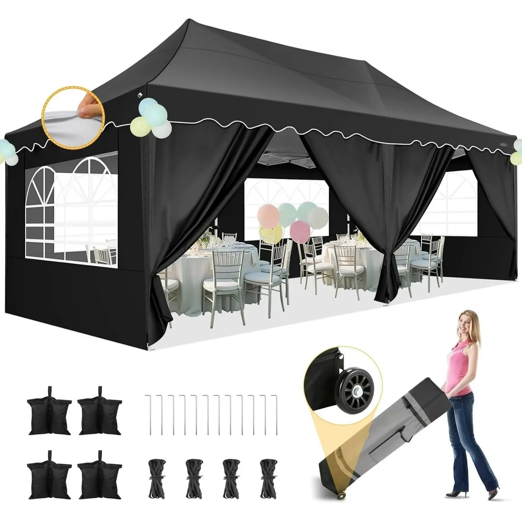 SANOPY 10' x 20' Pop up Canopy Party Tent with 6 Removable Sidewalls, Wave Eave Outdoor Waterproof Patio Gazebo Tent with Carry Bag, Backyards Camping Picnics, Black