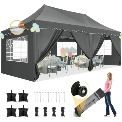 SANOPY 10' x 20' Pop up Canopy Party Tent with 6 Removable Sidewalls, Wave Eave Outdoor Waterproof Patio Gazebo Tent with Carry Bag, Backyards Camping Picnics, Black