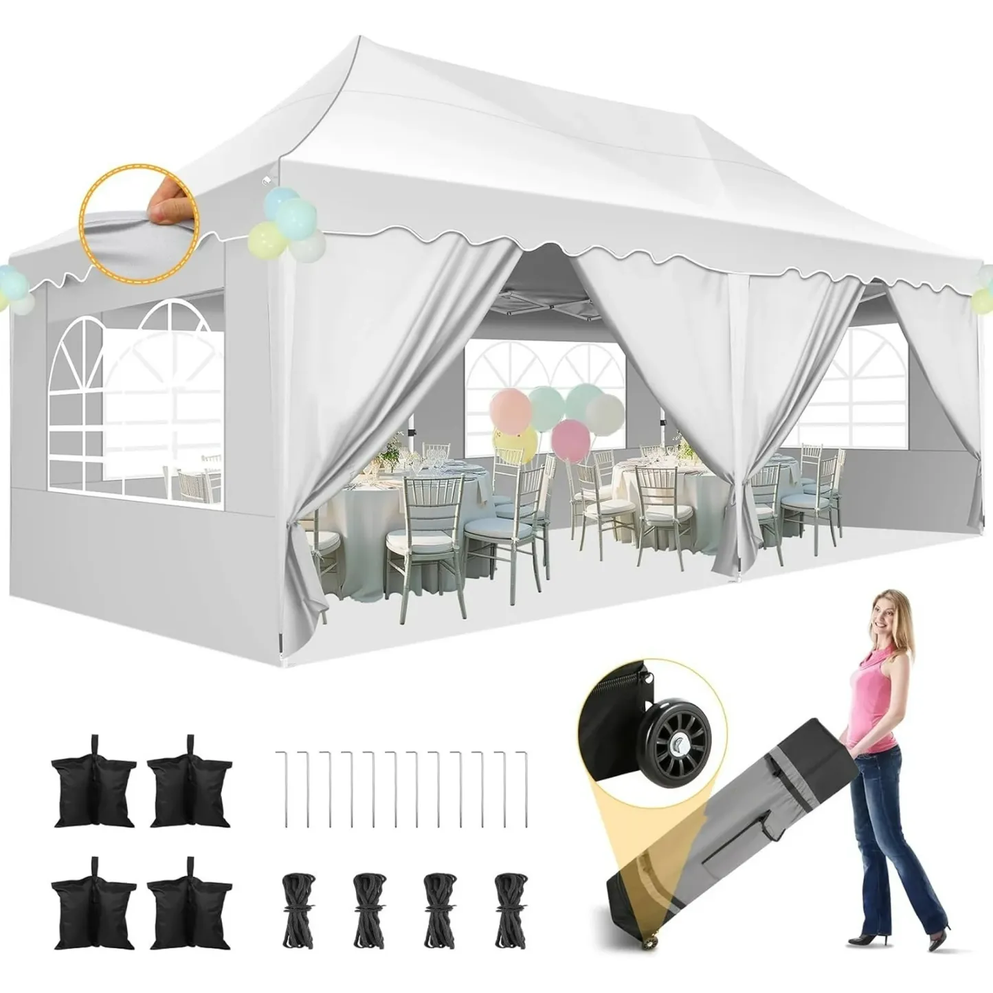 SANOPY 10' x 20' Pop up Canopy Party Tent with 6 Removable Sidewalls, Wave Eave Outdoor Waterproof Patio Gazebo Tent with Carry Bag, Backyards Camping Picnics, Black
