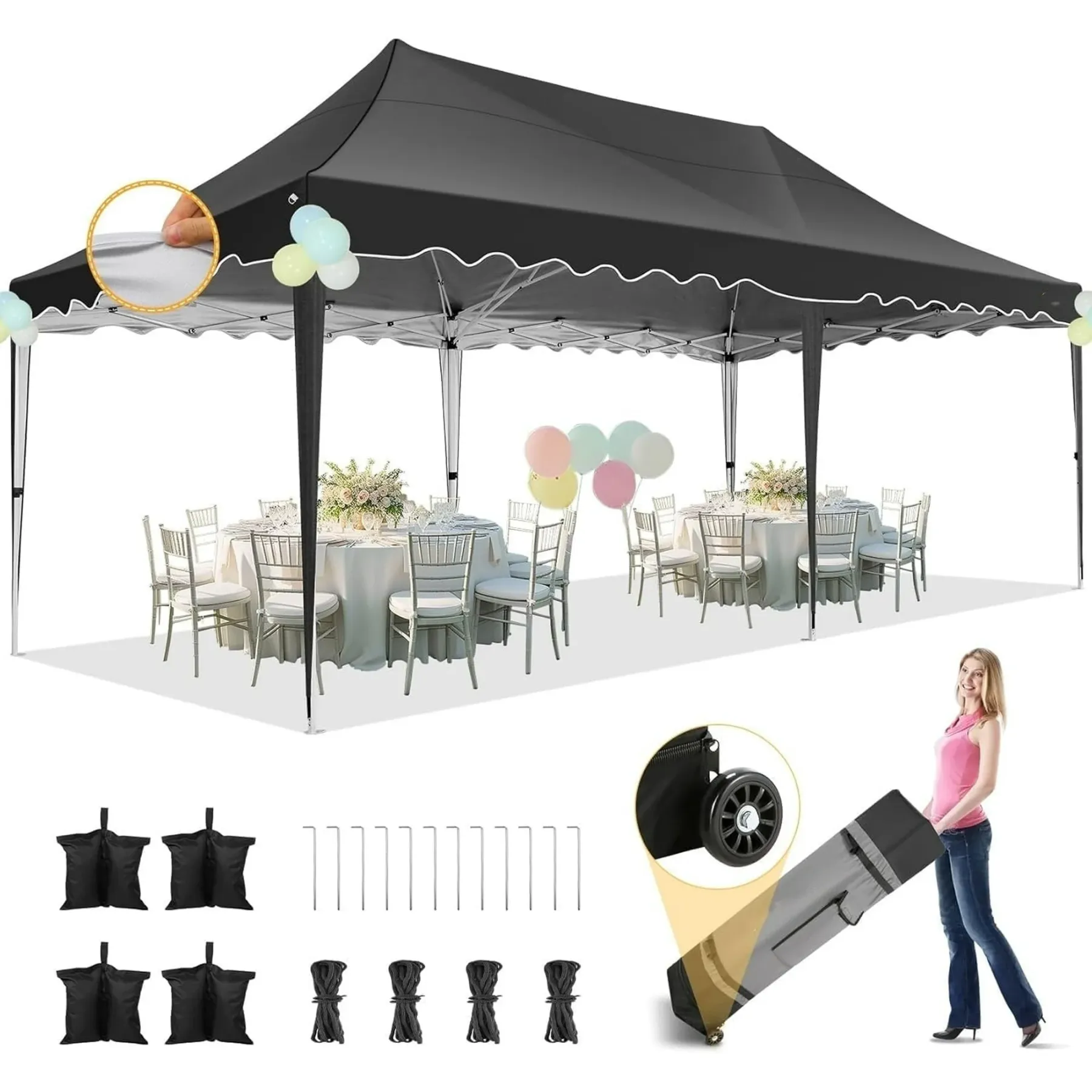 SANOPY 10' x 20' Pop up Canopy Party Tent with 6 Removable Sidewalls, Wave Eave Outdoor Waterproof Patio Gazebo Tent with Carry Bag, Backyards Camping Picnics, Black