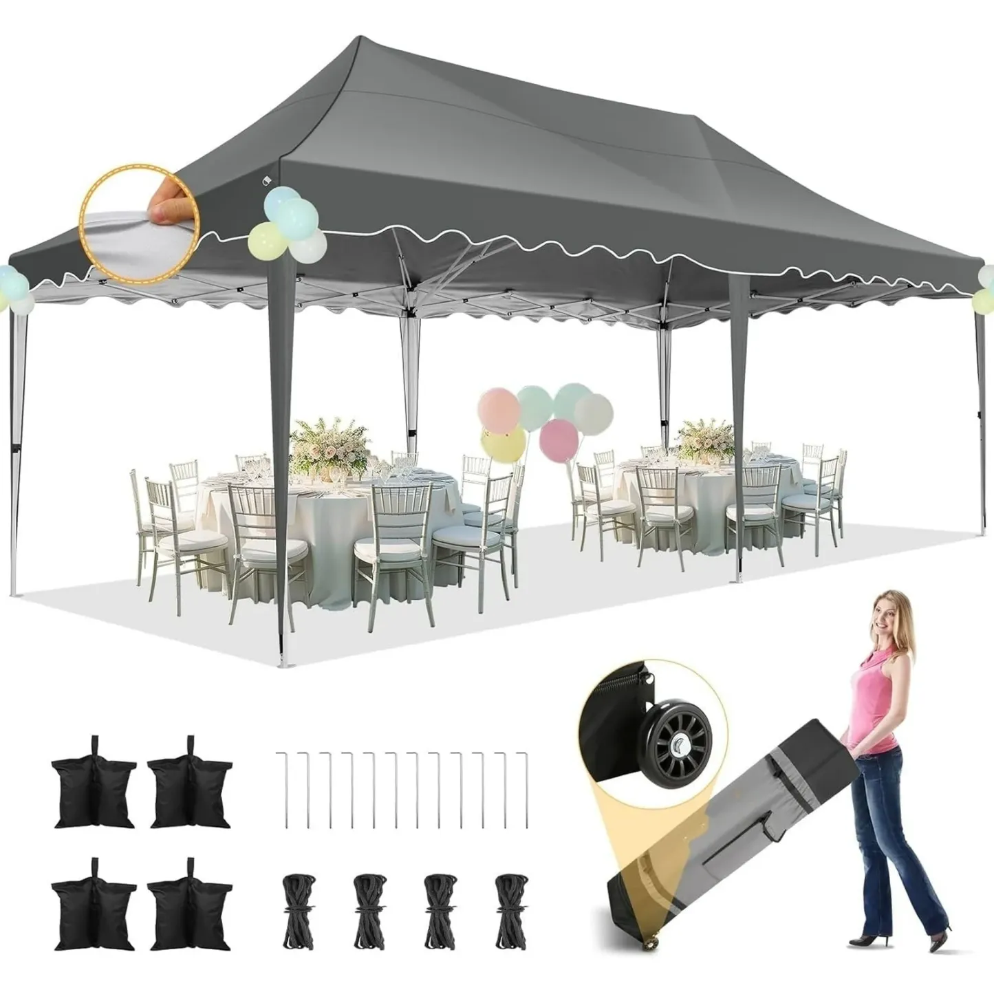 SANOPY 10' x 20' Pop up Canopy Party Tent with 6 Removable Sidewalls, Wave Eave Outdoor Waterproof Patio Gazebo Tent with Carry Bag, Backyards Camping Picnics, Black