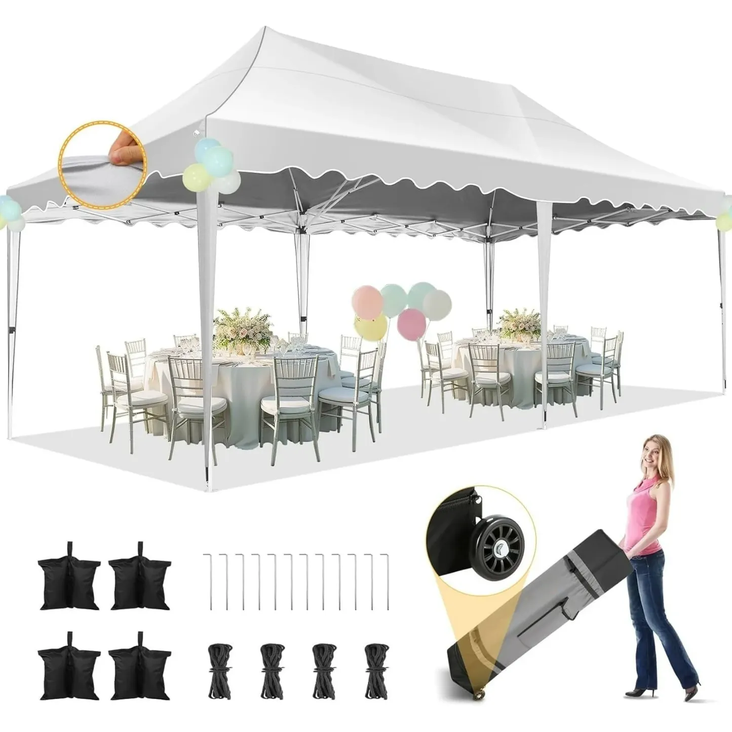 SANOPY 10' x 20' Pop up Canopy Party Tent with 6 Removable Sidewalls, Wave Eave Outdoor Waterproof Patio Gazebo Tent with Carry Bag, Backyards Camping Picnics, Black