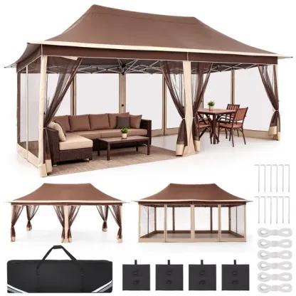 SANOPY 11 x 11 ft Outdoor Patio Gazebo with Ventilated Double Roof and Mosquito Net, Pop up Steel Canopy for Patios, Backyard, Garden and Beach