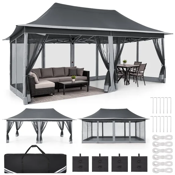 SANOPY 11 x 11 ft Outdoor Patio Gazebo with Ventilated Double Roof and Mosquito Net, Pop up Steel Canopy for Patios, Backyard, Garden and Beach
