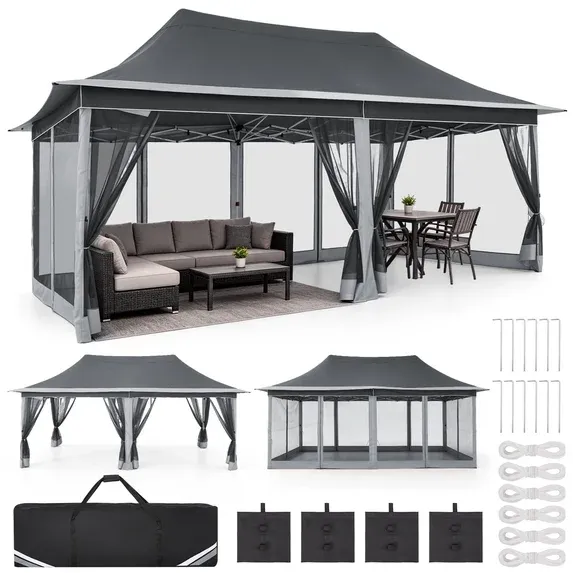 SANOPY 11 x 11 ft Outdoor Patio Gazebo with Ventilated Double Roof and Mosquito Net, Pop up Steel Canopy for Patios, Backyard, Garden and Beach