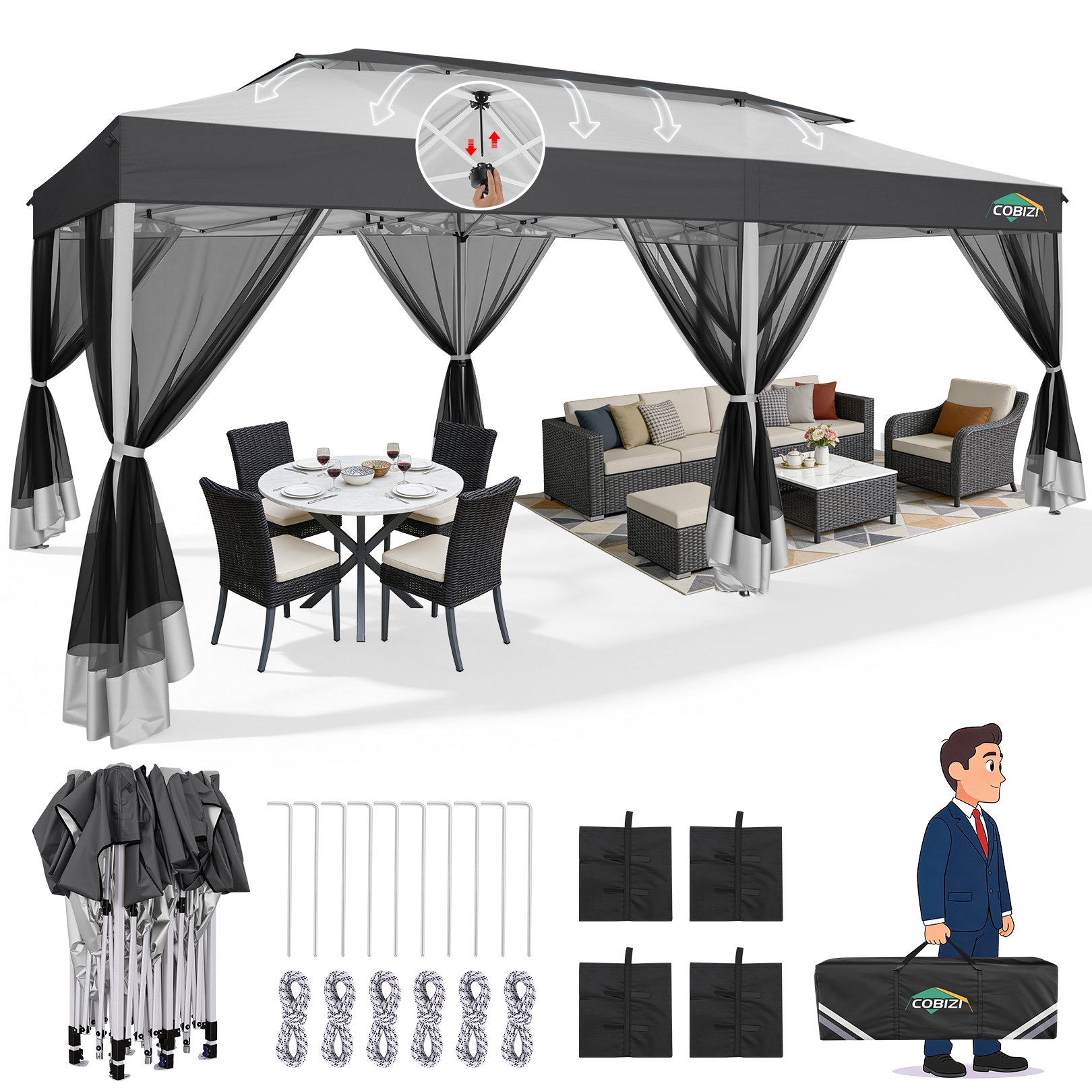 SANOPY 11 x 11 ft Outdoor Patio Gazebo with Ventilated Double Roof and Mosquito Net, Pop up Steel Canopy for Patios, Backyard, Garden and Beach